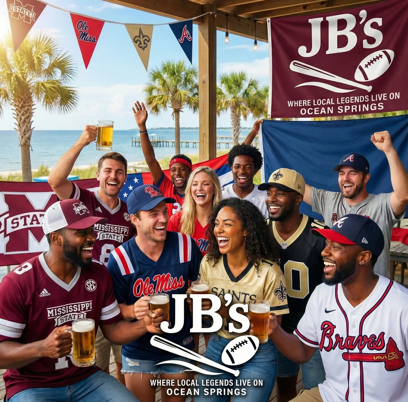 Friends in Mississippi State, Ole Miss, Saints and Braves gear cheering with beers on a Gulf-side porch